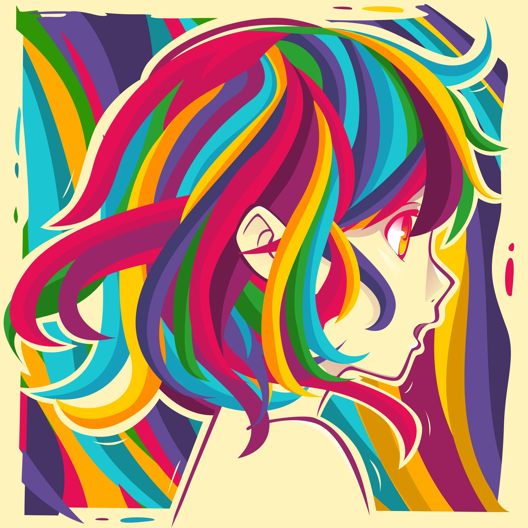 Colorful profile illustration with flowing multicolored hair.