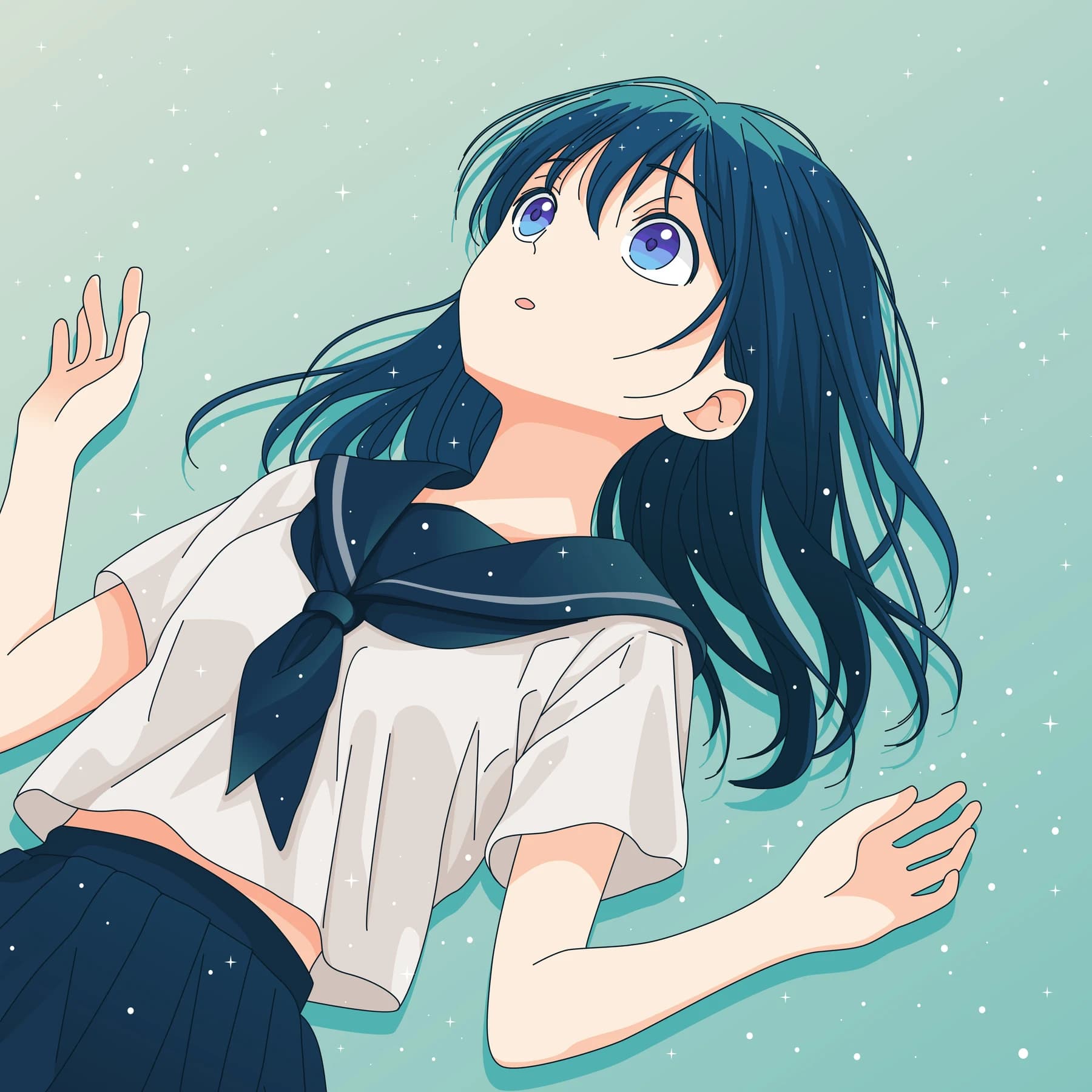 Anime-style illustration of a blue-haired character against a pale turquoise background.