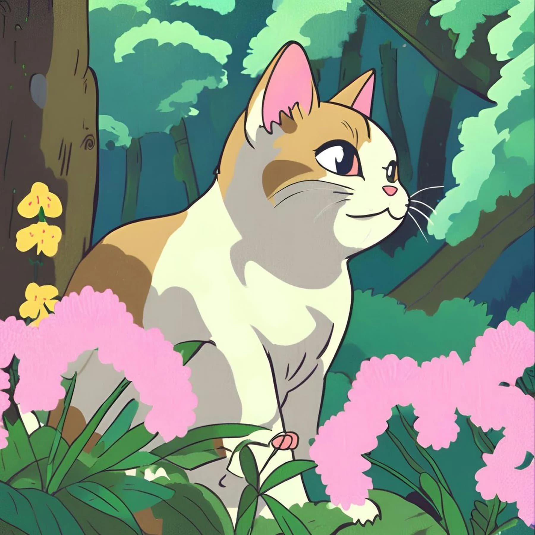 Illustration of a cat among green foliage and pink flowers.