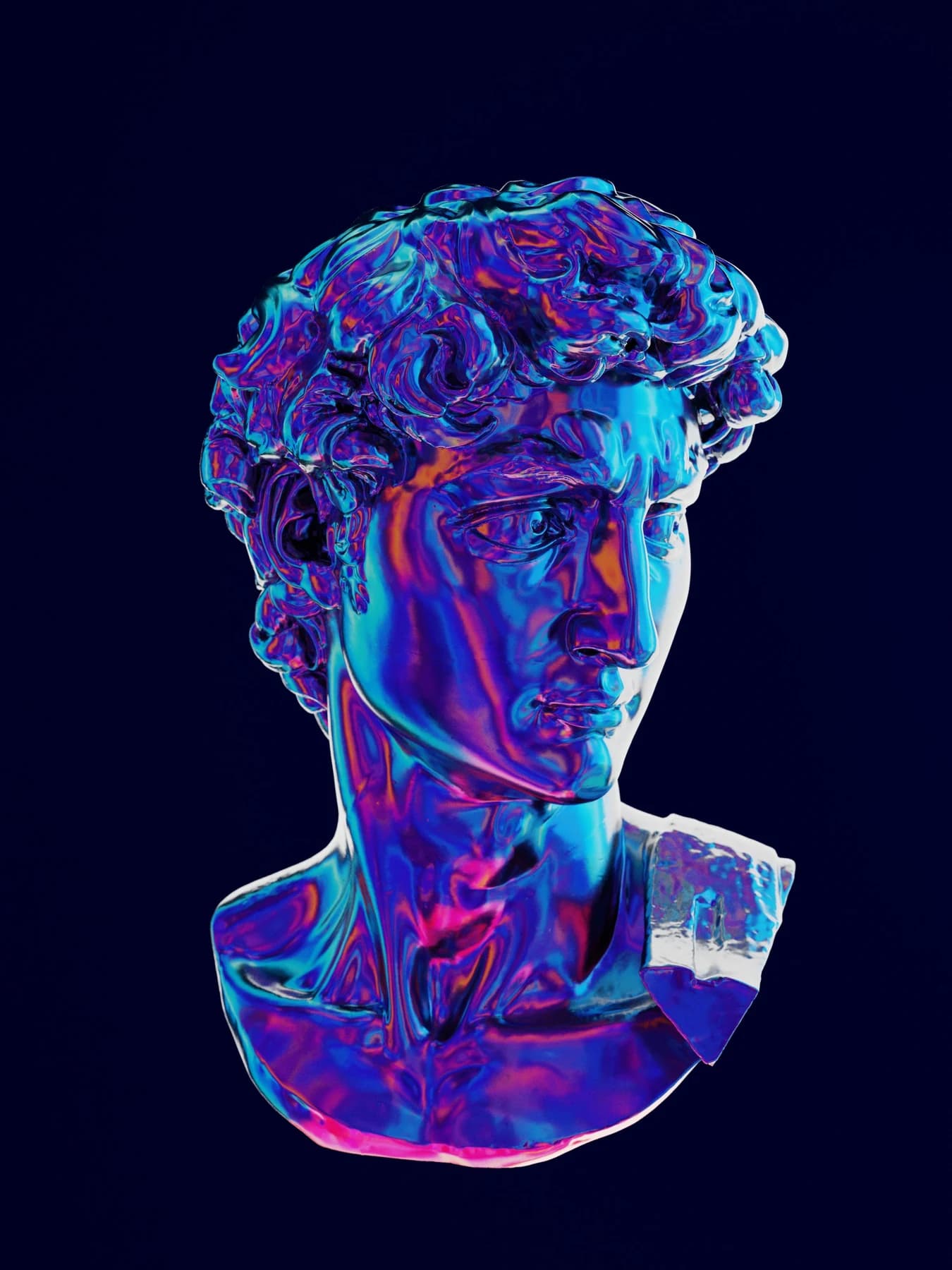 Sculptural head rendered in blue and purple on a dark background.